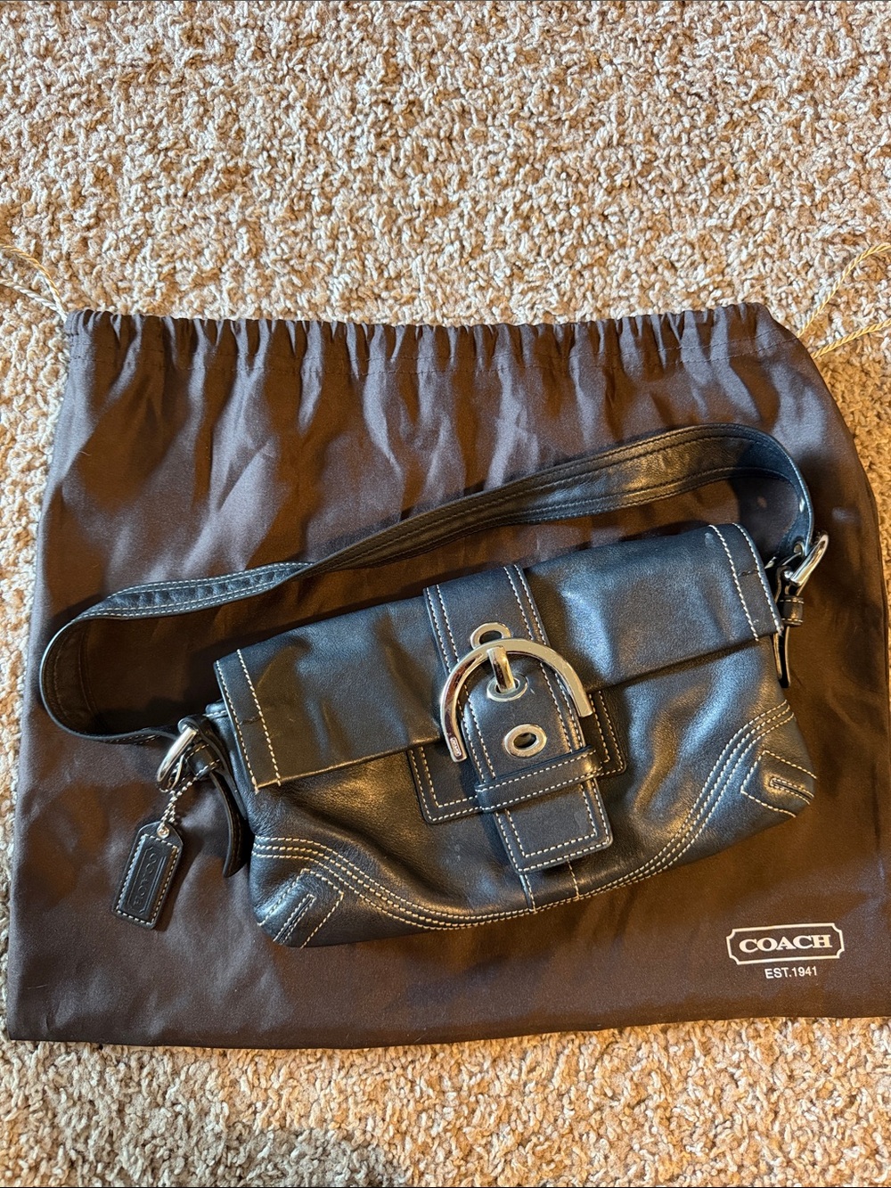 Vintage 8A05 Coach Black Leather Shoulder Bag with Buckle Accent
